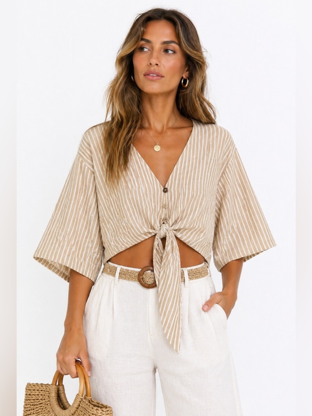 ZARA Linen Blend Tie Front Top Neutral Stripe Cropped Blouse Coastal Minimalist